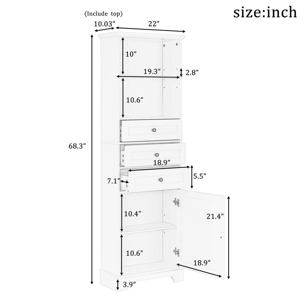 White Tall Bathroom Storage Cabinet with Adjustable Shelves and Drawers