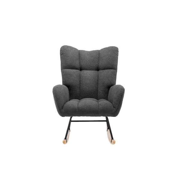Afoxsos Black Wood and Metal Frame Outdoor Rocking Chair with Dark Grey Soft Teddy Velvet Fabric Cushion