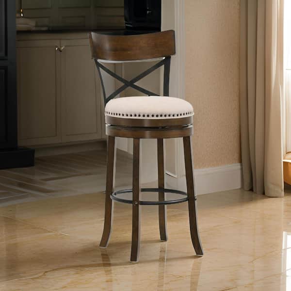 Benjara 30.5 in. Brown, Black and Beige Low Back Wood Frame Bar Stool with Fabric Seat (Set of 2)