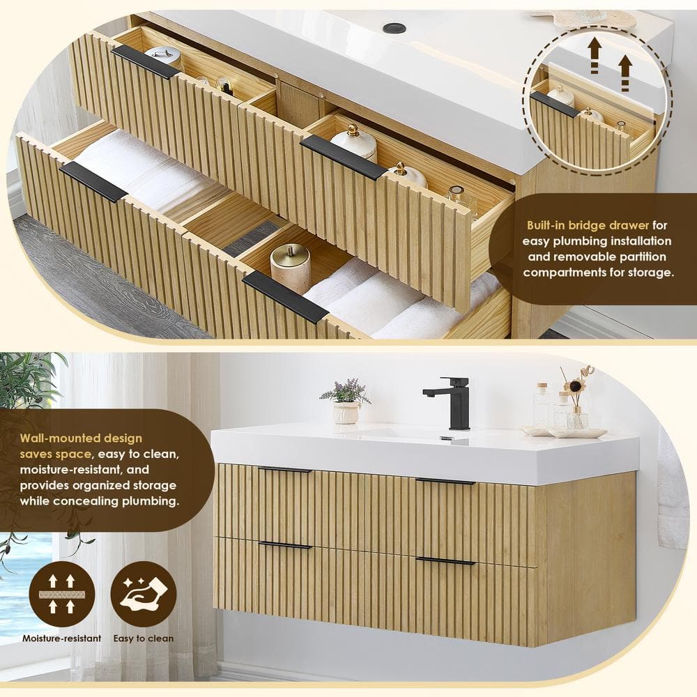 Livia 48" Nature Brown Fir Wood Wall-Mounted Vanity with White Sink