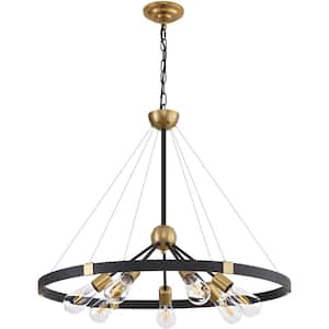 Farmhouse 7-Light Distressed Black&Gold Wagon Wheel Chandelier Metal Circle Kitchen Island with no bulbs included