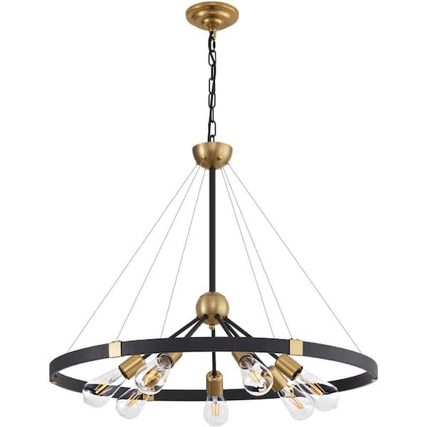 Deyidn Farmhouse 7-Light Distressed Black&Gold Wagon Wheel Chandelier Metal Circle Kitchen Island with no bulbs included