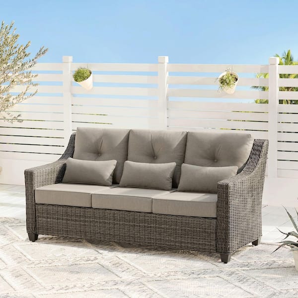 Thaddeus 74 in. Flared Arm Fabric Wicker Straight Oversized  Rectangle 3-Seater Sofa Couch in Gray,Weather Resistant