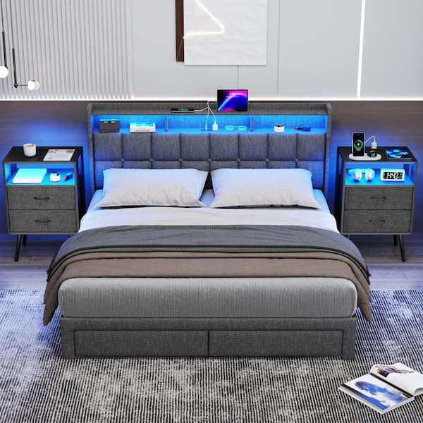 Black 2-Piece Modern Nightstand w/ Charging Station and LED Light, 2 Fabric Drawer Per Nightstand,End Table for Bedroom