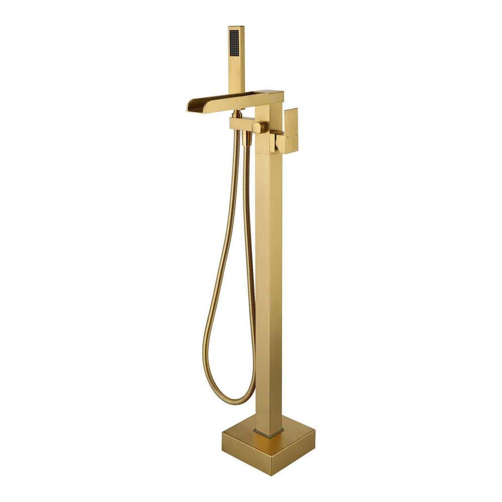Waterfall Single-Handle Freestanding Floor Mount Tub Filler Faucet with Square Hand Held Shower Modern in Brushed Gold price history on PriceWatchPro