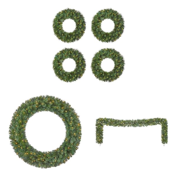 Wesley Pre-Lit Collection: 24 in. Wreath (4-Pack), 48 in. Wreath and 9 ft. Garland