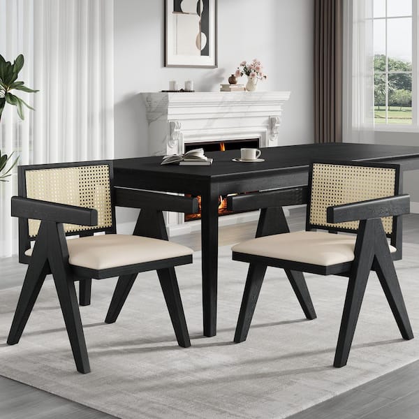 Jett Village Natural Cane and Black Solid Wood Frame Grey Upholstered Dining Chairs Arm Chairs, Straight Legs, Set of 2