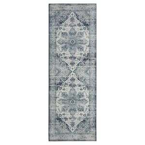 Blue 2 ft. x 6 ft. Machine Washable Floral Indoor Runner Area Rug