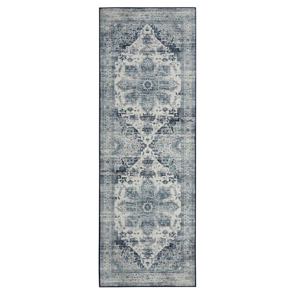 Blue 2 ft. x 6 ft. Machine Washable Floral Indoor Runner Area Rug