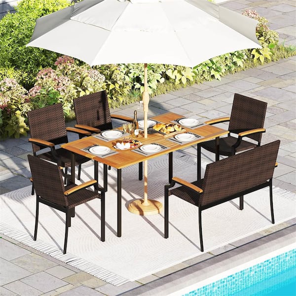 6 Pieces Outdoor Dining Set with Acacia Wood Tabletop, 1.97 in. Umbrella Hole for Deck