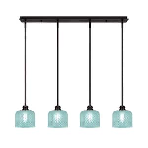 Albany 60-Watt 4-Light Espresso Linear Pendant Light with Turquoise Textured Glass Shades and No Bulbs Included