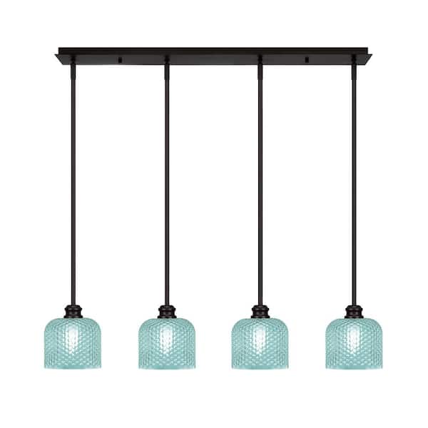 Unbranded Albany 60-Watt 4-Light Espresso Linear Pendant Light with Turquoise Textured Glass Shades and No Bulbs Included