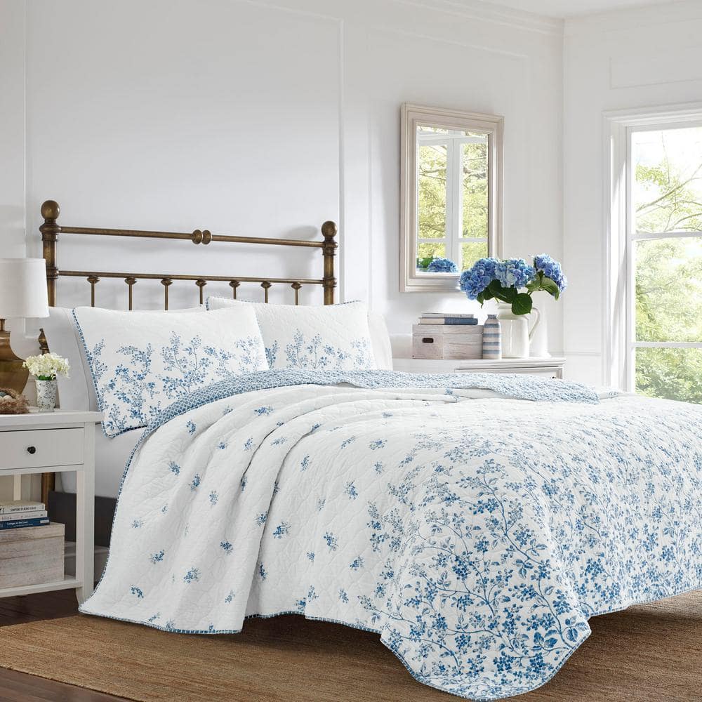 Laura Ashley Flora 3-Piece Blue Floral Cotton Full/Queen Quilt Set