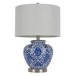 20 in. Blue and White Table Lamp with Cotton Shade