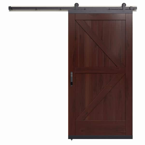 JELD-WEN 42 in. x 80 in. Karona K Design Spice Stained Rustic Walnut Wood Sliding Barn Door with Hardware Kit