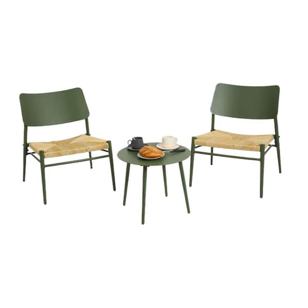 HOMEFUN 3-Piece Green Aluminum Frame Outdoor Patio Conversation Chair and Table Set with Hand-Woven Rattan Seat