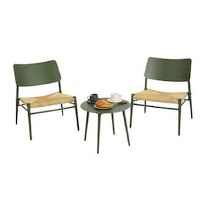 3-Piece Green Aluminum Frame Outdoor Patio Conversation Chair and Table Set with Hand-Woven Rattan Seat