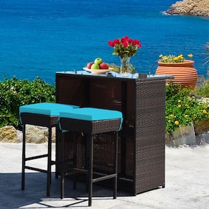 3-Pieces Wicker Outdoor Bar Set Table with 2 Turquoise Cushioned Stools