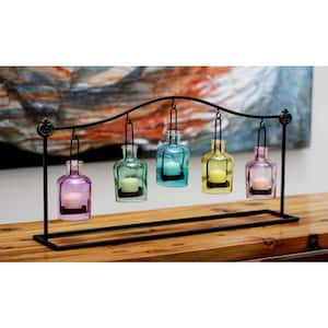 12 in. H Multi Colored Metal Hanging Bottle Decorative Candle Lantern