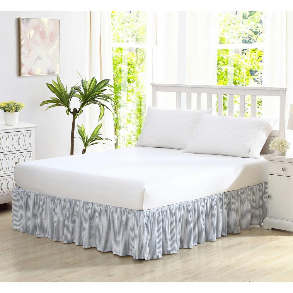 LAURA ASHLEY ベッドスカート クイーンサイズ Laura Ashley Classics Ticking Stripe 1-Piece Blue Cotton Queen