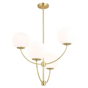 Avers 4-Light LED Compatible Gold Brass Mid-Century Modern Chandelier White Globe Glass