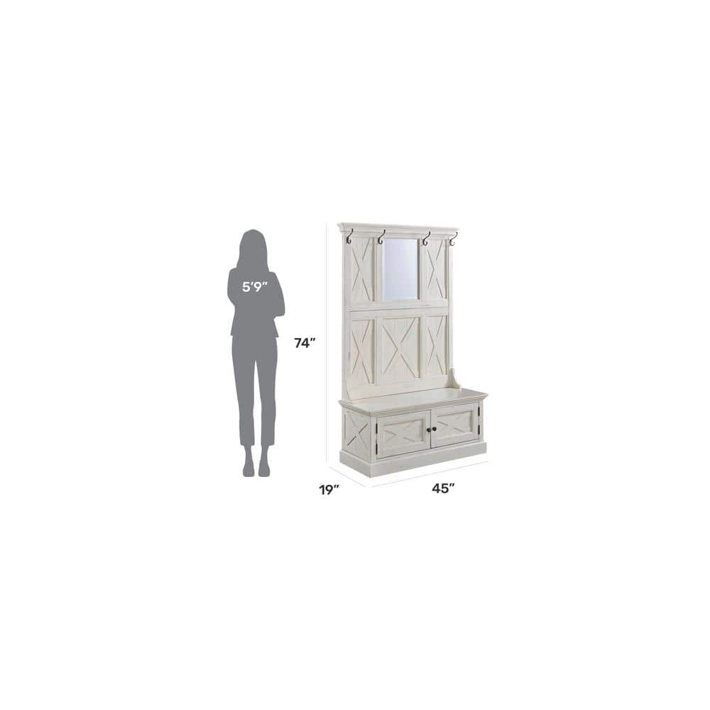 Seaside Cottage White Hall Tree with Bench and Coat Hooks