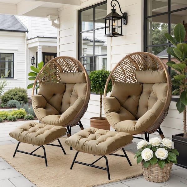 FINCATI 2-Piece Patio Furniture Wicker Outdoor Lounge Egg Chairs with Ottomans and Brown Cushion for Garden