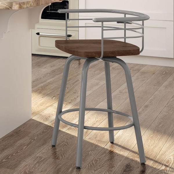 Amisco Brisk 30 in. Brown Wood / Glossy Grey Metal Swivel Bar Stool