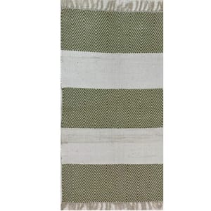 Accord Green/Off-White 2 ft. 3 in. x 3 ft. 9 in. Chevron Striped Fringed Cotton Area Rug