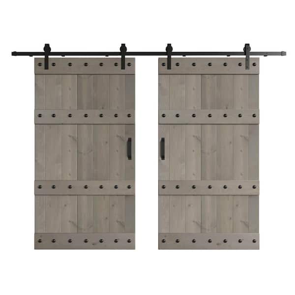 COAST SEQUOIA INC Castle Series 84 in. x 84 in. Light Grey DIY Knotty Wood Double Sliding Barn Door with Hardware Kit