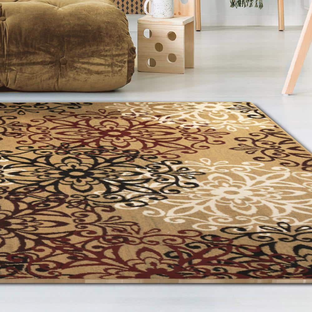 Elegant Gold Floral Medallion 4' x 6' Polypropylene Area Rug