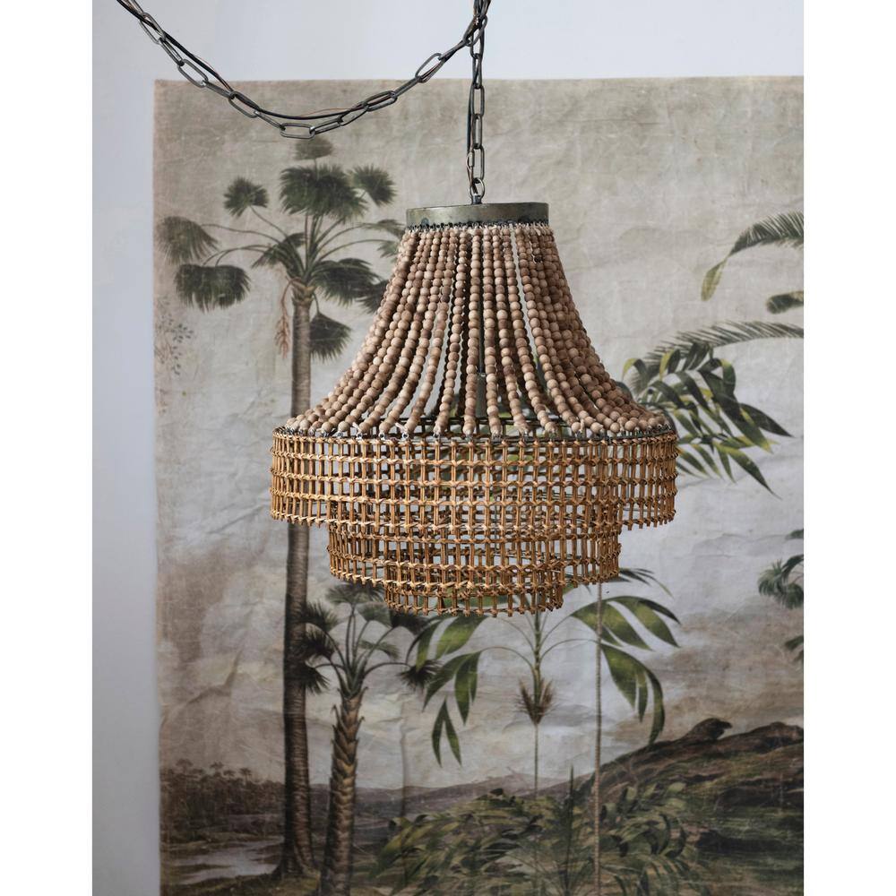 Storied Home Metal Rattan and Wood Bead Chandelier Brown: ETL Listed, Iron Canopy, Adjustable Height