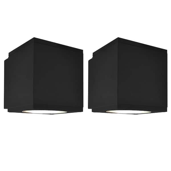 LUXRITE 4 in. Black Outdoor LED Up or Down Cube Wall Sconce Light 3CCT 3000K-5000K 15-WattETL IP65 Waterproof (2-Pack)