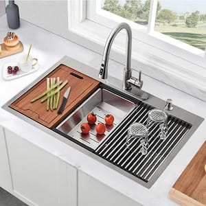 30 in. Drop-In Single Bowl 16-Gauge Brushed Nickel Stainless Steel Kitchen Sink with Bottom Grids with Accessories
