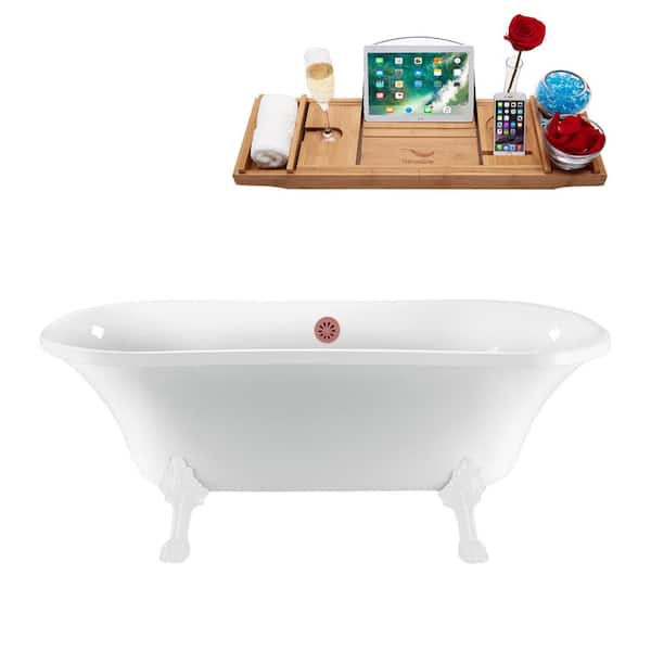 Streamline 68 in. x 34 in. Acrylic Clawfoot Soaking Bathtub in Glossy White with Glossy White Clawfeet and Matte Pink Drain