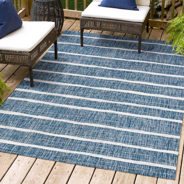 JONATHAN Y Colonia Berber Stripe Blue/Ivory 4 ft. x 6 ft. Indoor/Outdoor Area Rug