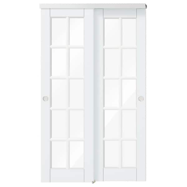 TENONER 48 in.x 80 in.(Double 24 in.)10 Lite, White Primed Clear Glass finished MDF Wood Interior Door Slab with Bypass Hardware