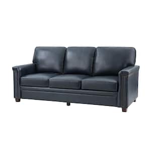 Cristina 77.2 in. Wide Navy Leather Rectangle 3-Seat Sofa with Wooden Legs