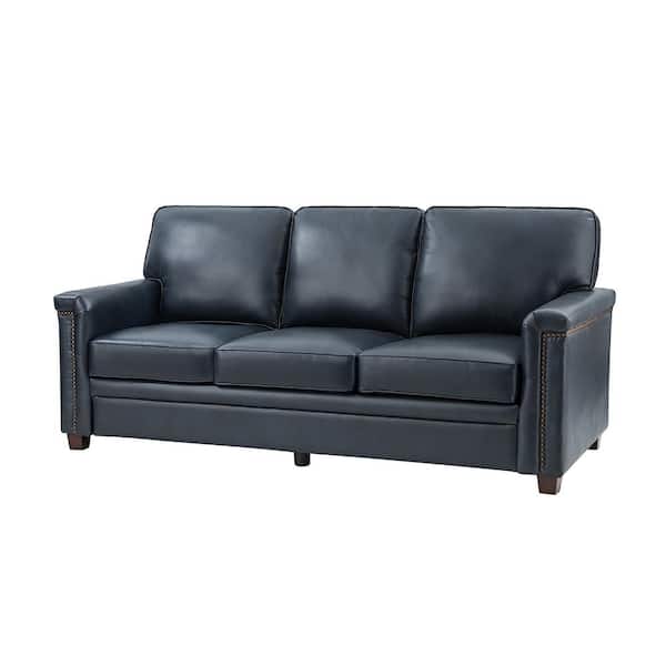 ARTFUL LIVING DESIGN Cristina 77.2 in. Wide Navy Leather Rectangle 3-Seat Sofa with Wooden Legs