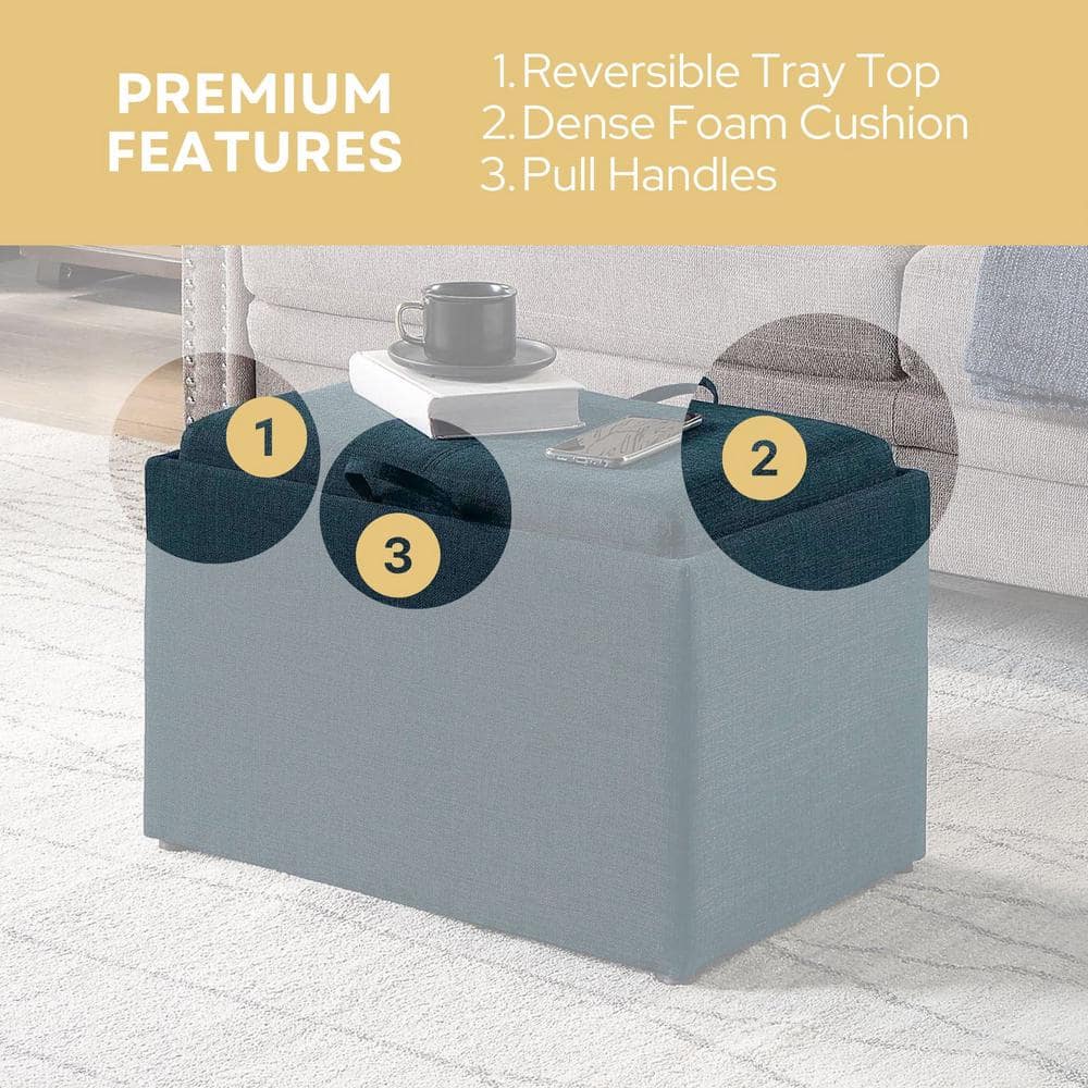 Dark Blue Fabric Storage Ottoman with Reversible Tray