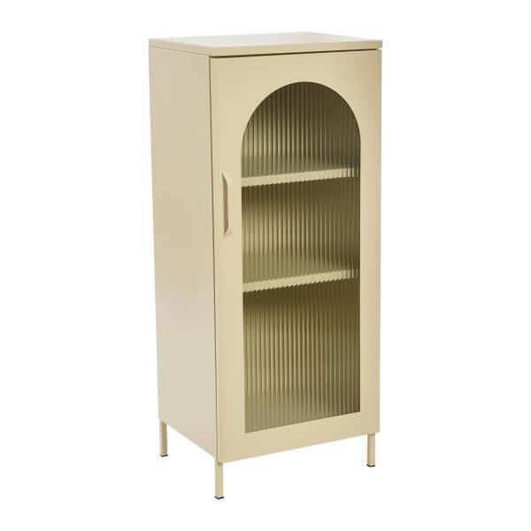 Storied Home 40 in. H Solstice Cream Metal Cabinet with Arched Glass Door