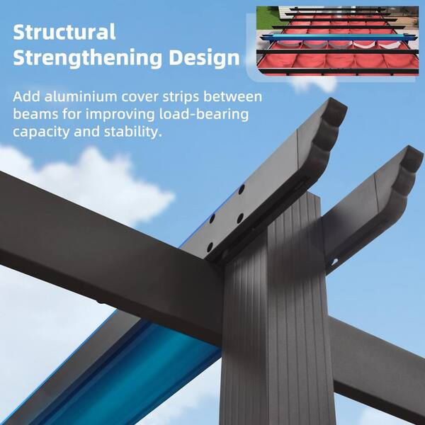 10 ft. x 18 ft. Gray Aluminum Frame Outdoor Patio Pergola with Red Retractable Sun Shade Canopy and String Lights