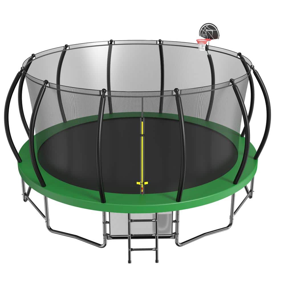 15FT Black and Green Round Trampoline with Enclosure Net and Ladder