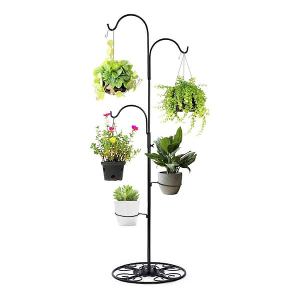 34-55 in. Adjustable Black Iron Shepherd Hook with Base Indoor Outdoor