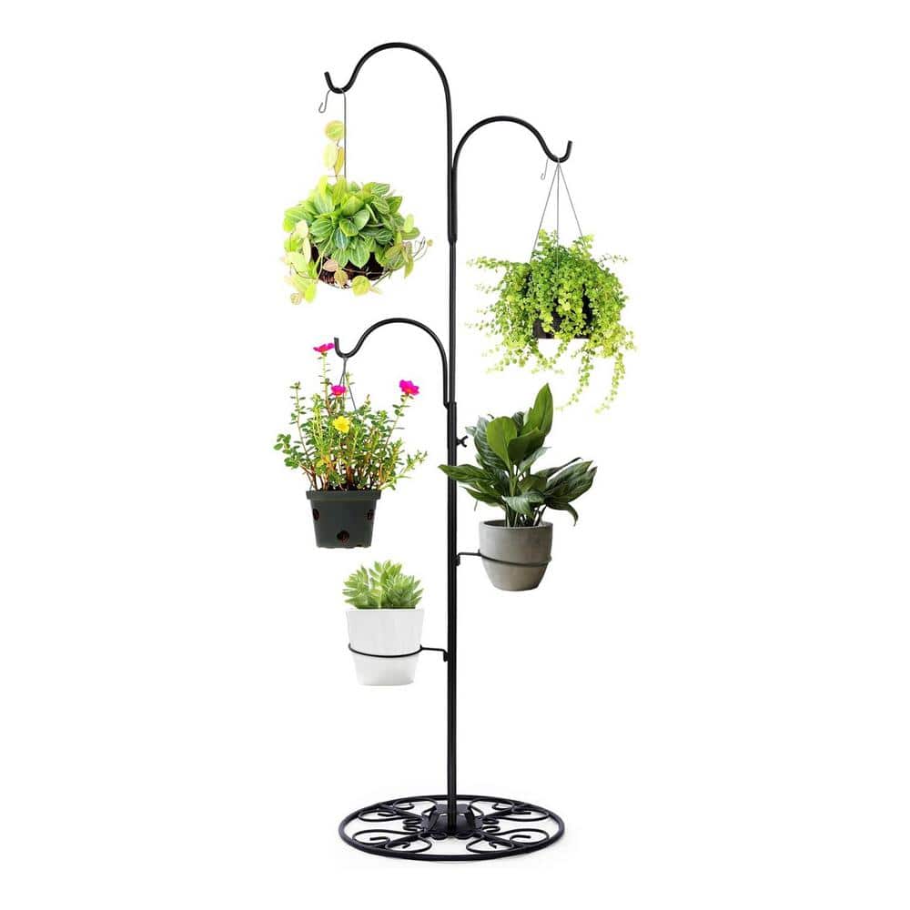 34-55 in. Adjustable Black Iron Shepherd Hook with Base Indoor Outdoor