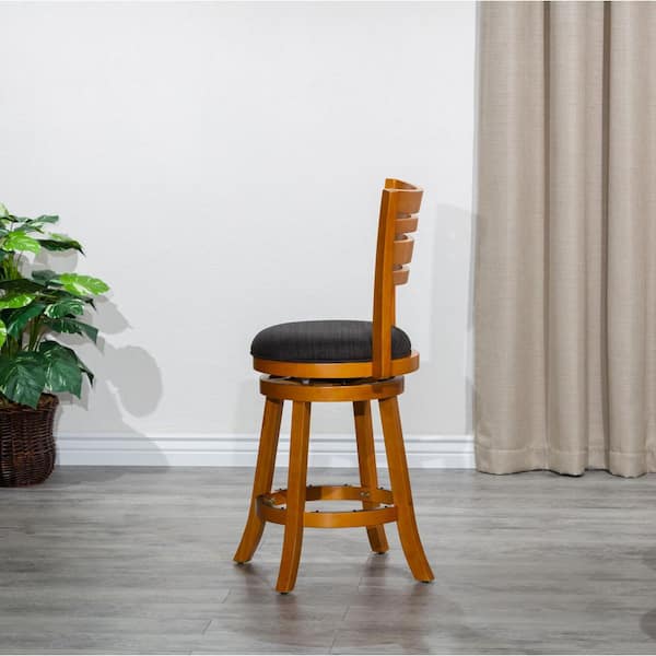 Cedara 24 in. H Natural Wood Frame Slatted Back Counter Height Swivel Bar Stool with Charcoal Fabric Seat (1-Pack)