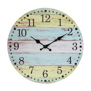 Light Blue and Worn Yellow Vintage Farmhouse 14 Inch Round Hanging Battery Operated Wall Clock