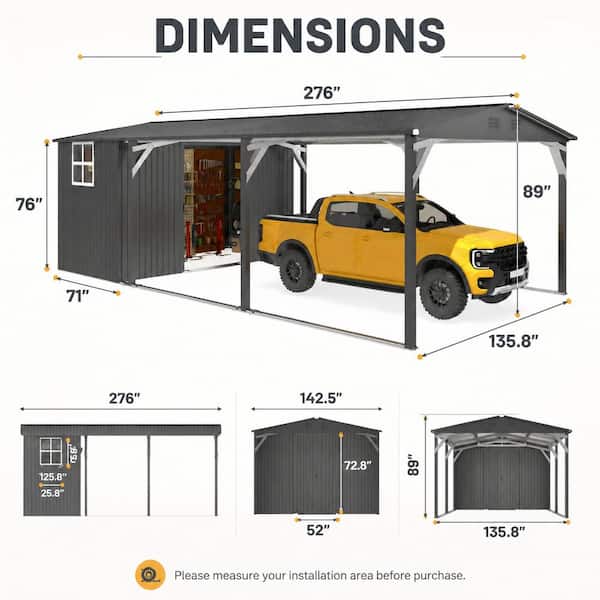 12 ft. W x 23 ft. D Metal Carport with Storage Shed, Outdoor Portable Garage Car Port for Patio (276 sq. ft.)