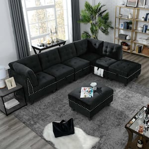 84 in. W Square Arm 7-piece L Shaped Velvet Modern Sectional Sofa in Black with Storage