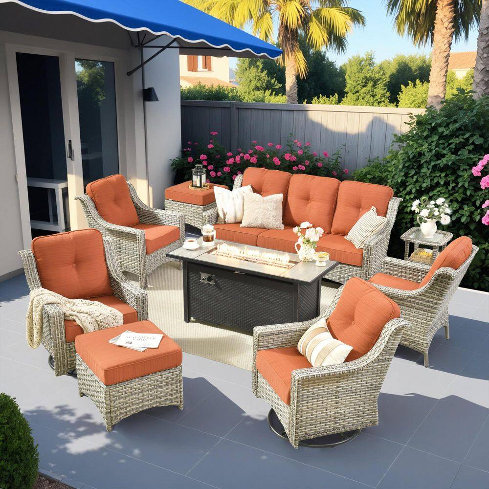 Cherry 9-Piece Wicker Outdoor Furniture Patio Fire Pit Conversation Sofa Set with Swivel Chairs and Orange Red Cushions price history on PriceWatchPro